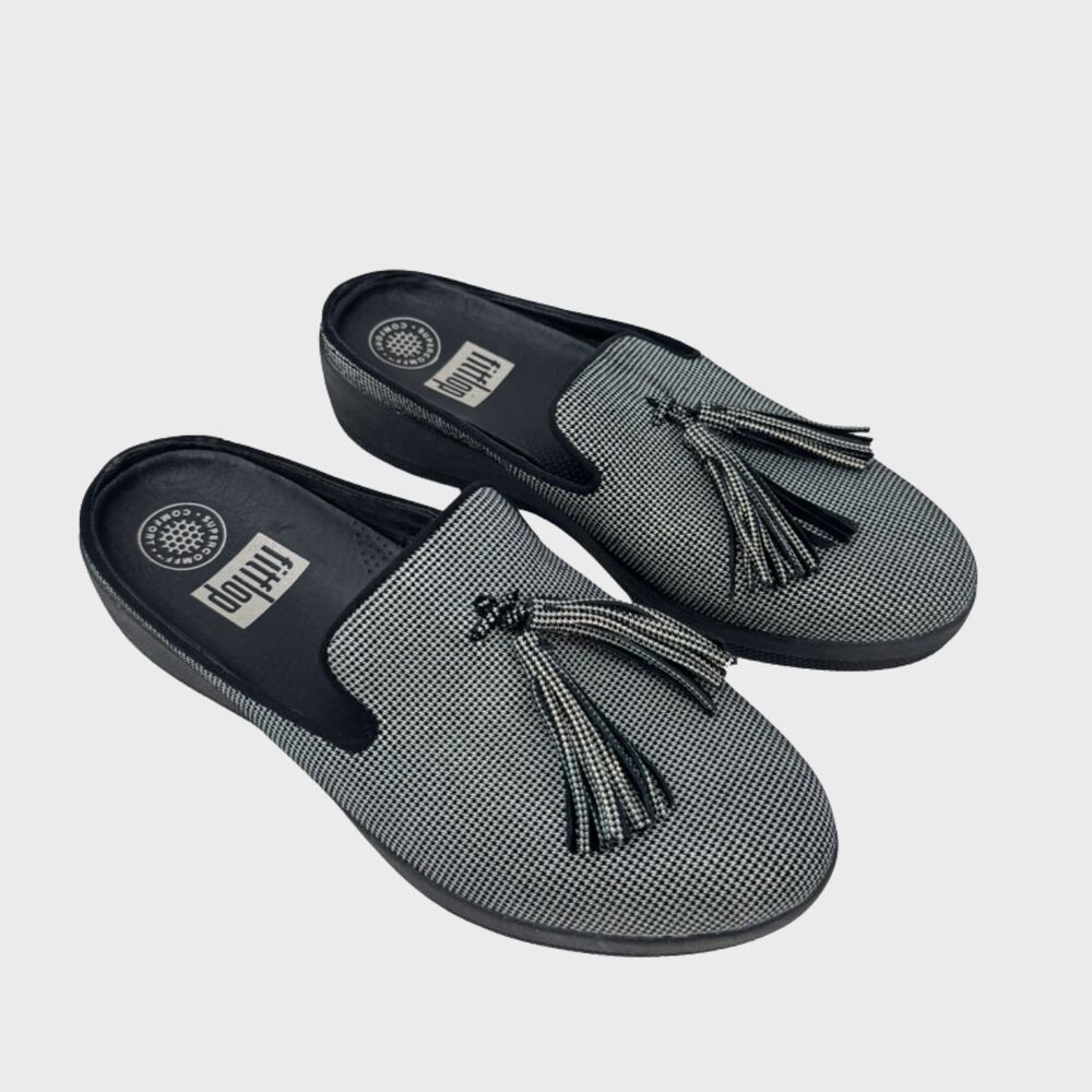 FitFlop Womens Mules Gray Houndstooth Slip On Super Comfort Slip On Flats US 6